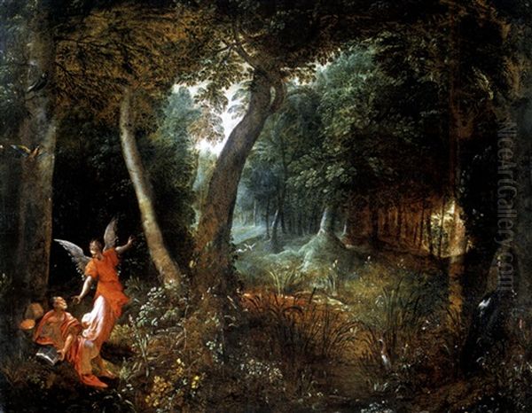 Waldlandschaft Mit Engel Und Dem Evangelisten Johannes Oil Painting by Karel Van Mander