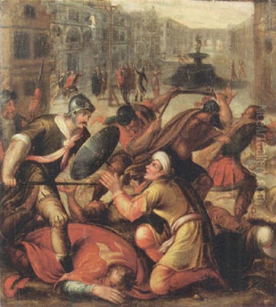 Footsoldiers Invading A City Oil Painting by Karel Van Mander