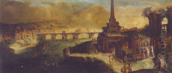 A Capriccio Of A Town By A River, A Bridge Beyond Oil Painting by Karel Van Mander