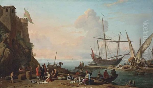 A Mediterranean Harbor With Stevedores Unloading Their Ships, Figures Selling Fish In The Foreground By A Fortress Oil Painting by Adrien Manglard