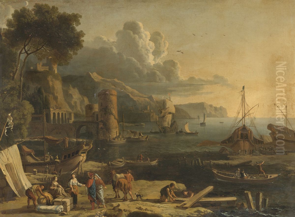 Mediterranean Port Scene Oil Painting by Adrien Manglard