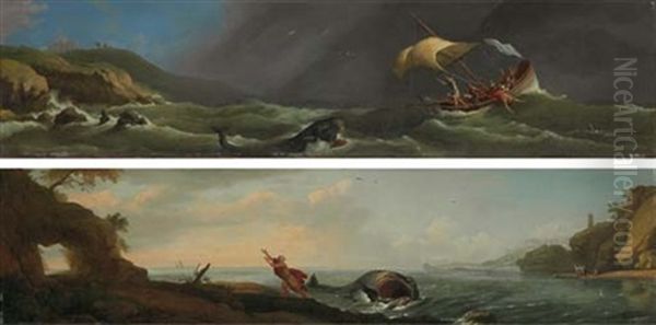 Jonah Thrown Overboard (+ Jonah Released From The Whale; Pair) Oil Painting by Adrien Manglard