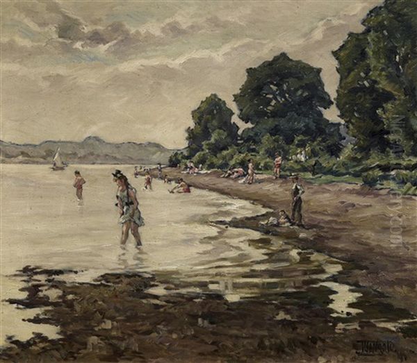 Bathing In The Rhein Oil Painting by Josef Mangold