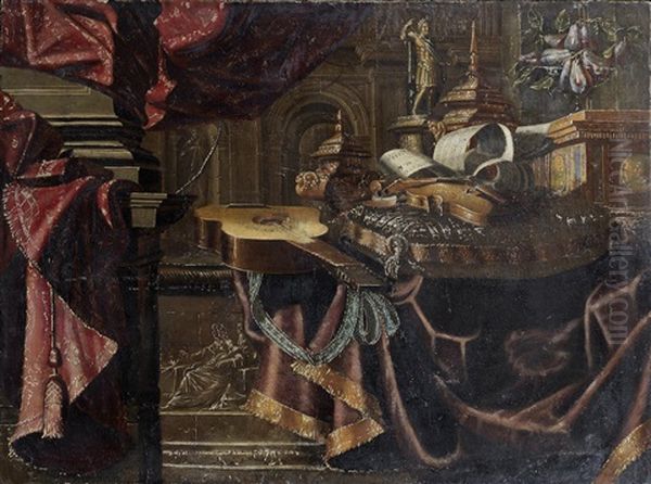 A Guitar And Violin With A Dish Of Plums On A Draped Table Before A Curtain, A View To A Palace Courtyard Beyond Oil Painting by Carlo Manieri