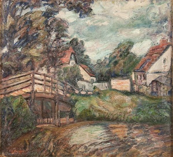 Landscape With Bridge Over Stream And Village Oil Painting by Abraham Manievich