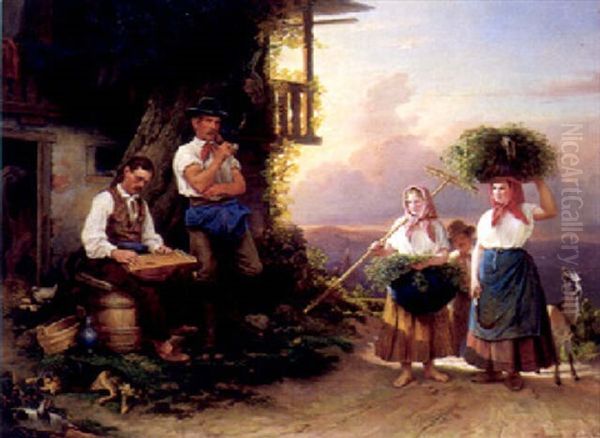 Musizierender Bauer Und Heimkehrende Frauen Neben Einem Stall Auf Der Hohe Eines Kirchdorfes Oil Painting by Heinrich August Mansfeld