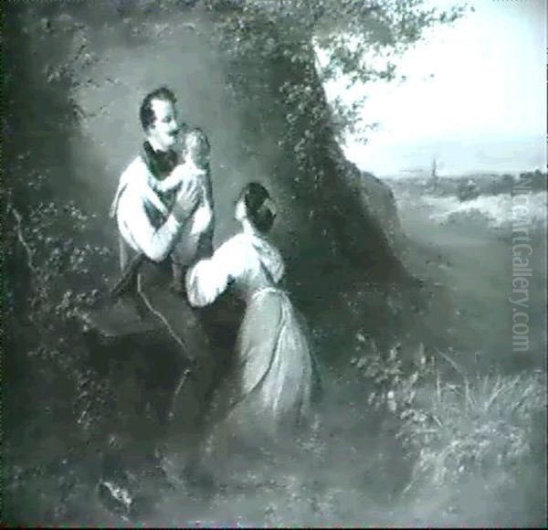 Der Abschied Des Soldaten Von Frau Und Kind, Vor Waldhang   Und Ausblick In Landschaft Oil Painting by Heinrich August Mansfeld