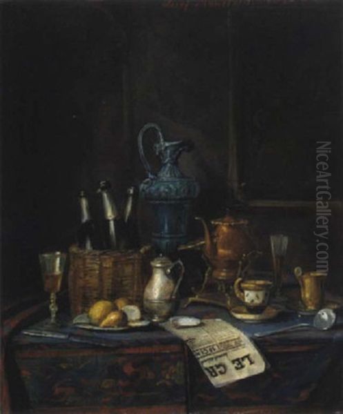 Stilleben Mit Sektflachen, Birnen Am Teller Und Zeitung Oil Painting by Josef Mansfeld