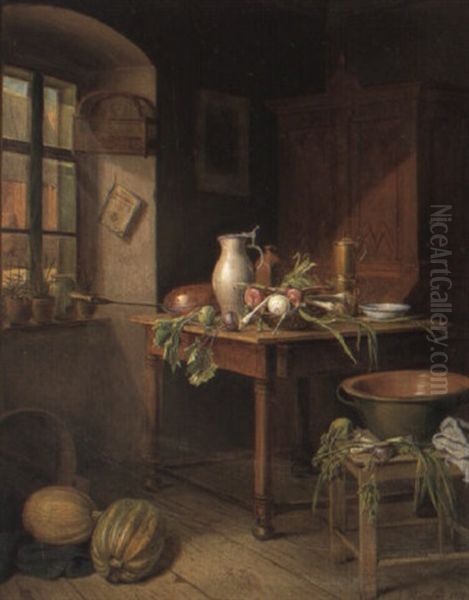 A Kitchen Interior Oil Painting by Josef Mansfeld