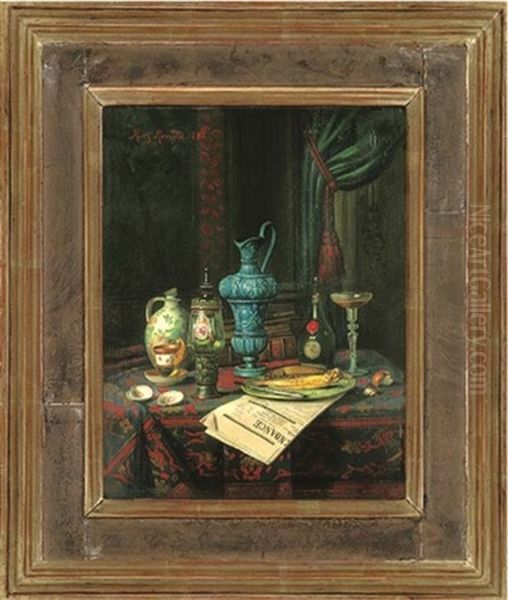 Wine, Jugs, Cups, A Glass, With Fish On A Plate, On A Newspaper, In An Interior Oil Painting by Moritz Mansfeld