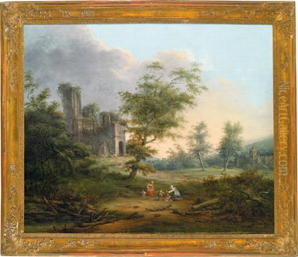 Eine Familie In Einer Pastoralen Landschaft Mit Ruinenarchitekturen Oil Painting by Bernhard Gottfried Manskirch