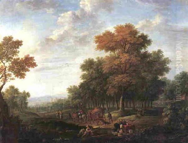 A Wooded Landscape With A Horse-drawn Cart, Peasants And Livestock On A Path Oil Painting by Bernhard Gottfried Manskirch