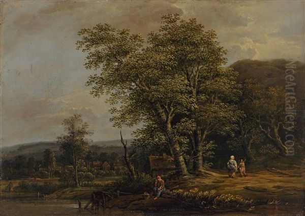 Waldlandschaft Mit Rastendem Bauern, Im Hintergrund Ein Dorf Oil Painting by Jakob Manskirch