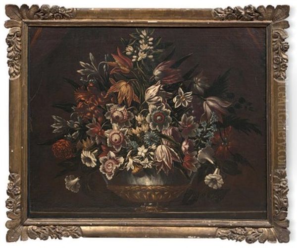 Bouquet De Fleurs Dans Un Vase De Bronze Cercle D'argent, Pose Sur Un Entablement Oil Painting by Francesco Mantovano