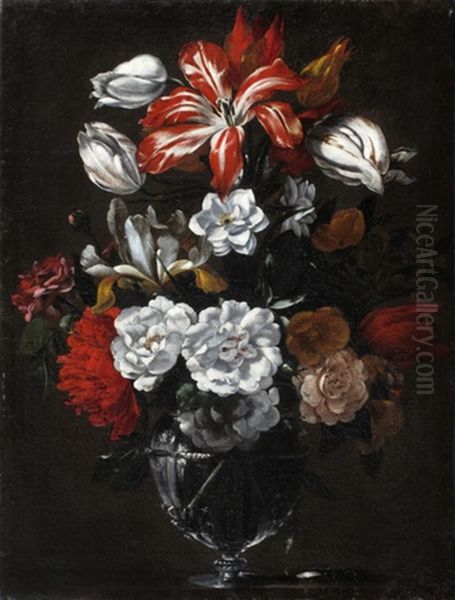 Tulipani, Rose, Peonie, Camelie E Altri Fiori In Un Vaso Di Vetro Oil Painting by Francesco Mantovano