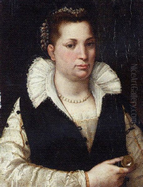 Portrait Of A Lady, In A Black And Silver Dress With A Lace Collar, A Brooch In Her Right Hand Oil Painting by Tommaso Manzuoli