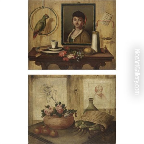 Natura Morta Con Un Ritratto, Un Pappagallo, Frutta, Fiori, Una Tazza E Biscotti (+ Natura Morta Con Due Disegni, Un Vaso Di Rose E Una Sporta Di Verdura; Pair) Oil Painting by Antonio (lo Scarpetta) Mara