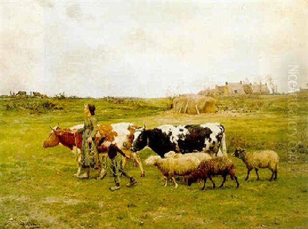 Cattle And Sheep Being Lead To Pasture Oil Painting by Adolphe Charles Marais