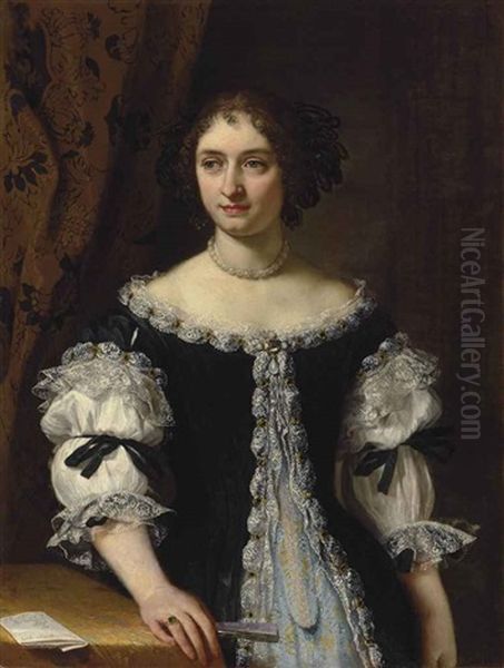 Portrait Of Maria Maddalena Rospigliosi Panciatichi (1645-1695), Half-length, In A Black Surcote Trimmed With Silver Embroidery Over A Brocade Gown, Holding A Fan, By A Draped Table With A Letter Oil Painting by Carlo Maratta or Maratti
