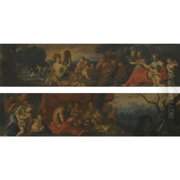 A Group Seated Around A Fire (+ A Bacchanalian Scene With Figures Dancing, Lrgr; Pair) Oil Painting by Carlo Maratta or Maratti