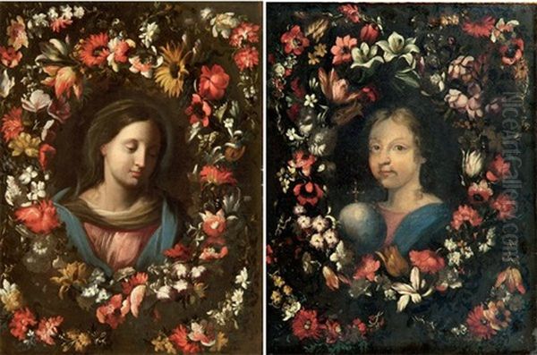 Vierge Dans Une Guirlande De Fleurs (+ Le Christ Dans Une Guirlande De Fleurs; Pair) Oil Painting by Carlo Maratta or Maratti