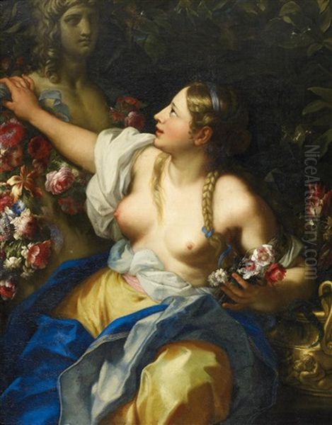 Flora. Faustina, Die Tochter Des Kunstlers, Als Flora Vor Blumenbekranzter Herme Oil Painting by Carlo Maratta or Maratti