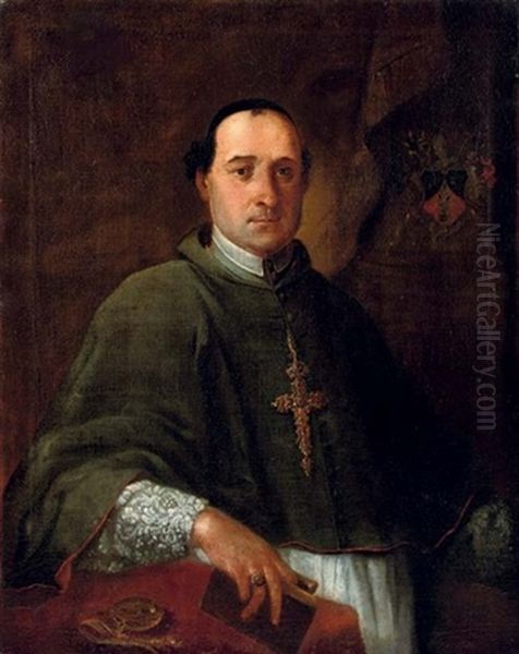 Portrait Of A Clergyman Holding A Book In His Right Hand, Leaning On A Draped Table With A Pocket Watch, Standing Before A Curtain Embroidered With A Coat-of-arms Oil Painting by Carlo Maratta or Maratti