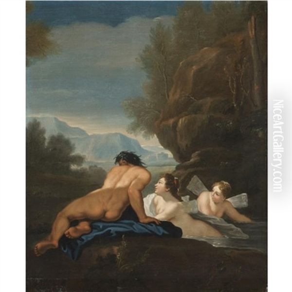 A Mountainous Landscape With Nymphs Oil Painting by Carlo Maratta or Maratti