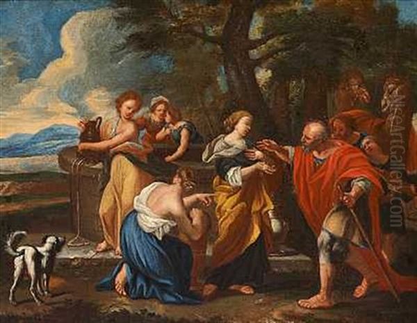 Mytologisk Scene Med En Mand, Der Vender Hjem Fra En Rejse Med Gaver Og Hilses Af En Flok Kvinder (odysseus Hjemkomst?) Oil Painting by Carlo Maratta or Maratti