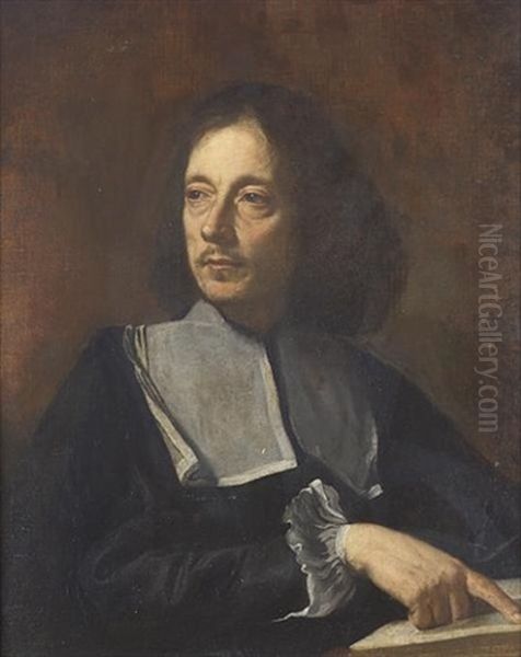 Portrait Of A Giovan Pietro Bellori In Black Costume With A Lawn Collar And Cuffs, Pointing To An Open Book Oil Painting by Carlo Maratta or Maratti