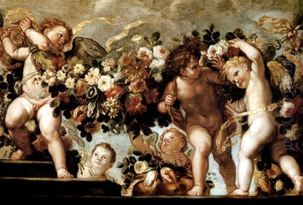 Putti With Festoons Of Roses, Tulips, Morning Glory And Other Flowers On A Parapet With Steps (studio Of Carlo Maratti And Franz Werner Von Tamm) Oil Painting by Carlo Maratta or Maratti