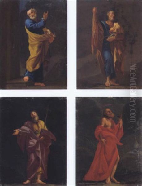 Quattro Apostoli: Pietro, Bartolomeno, Filippo, Taddeo Con I Loro Classici Attributi: Le Chiavi, Il Coltello E La Sua Pelle, La Croce E Il Regolo Oil Painting by Carlo Maratta or Maratti