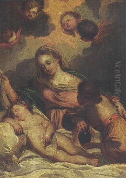 The Virgin Adoring The Sleeping Christ Child, With A Female Attendant And Angels Above Oil Painting by Carlo Maratta or Maratti