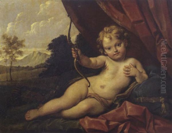 Cupido Seduto Su Un Cuscino Con Un Paesaggio Aperto Sullo Sfondo Oil Painting by Carlo Maratta or Maratti