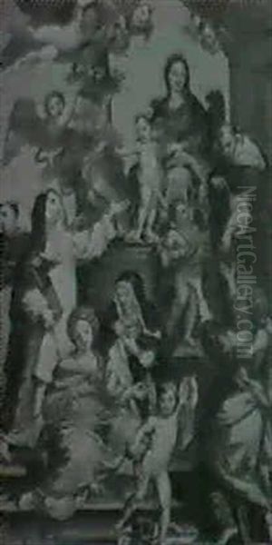 Ss. Clare, Rosa And Other Carthusian Saints Being Presented To The Madonna And Child Enthroned And Accompanied By Angels Oil Painting by Carlo Maratta or Maratti