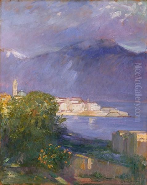 Kleine Schaferin, Ein Lammchen Tragend, Neben Ihr Das       Muttertier, Auf Schmalem Pfad Im Hochgebirge Oil Painting by Pierre Amede Marcel-Beronneau