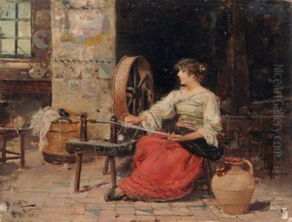 Romerin Am Spinnrad Oil Painting by Vicente March y Marco