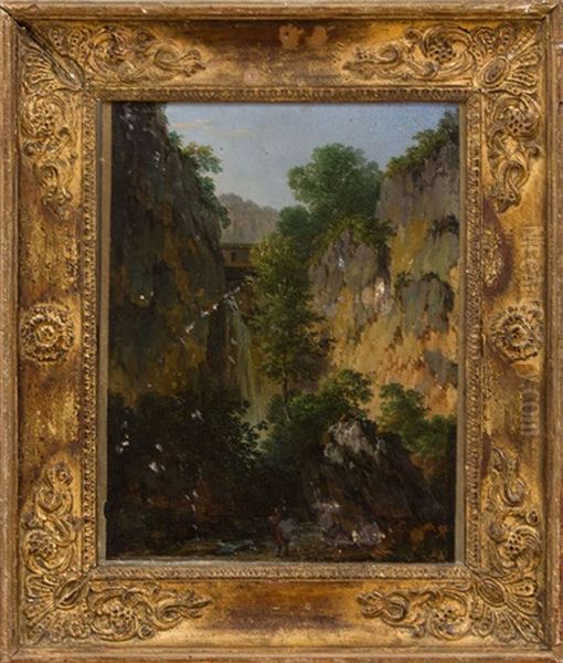 Artist Sketching A Waterfall Oil Painting by Marchais, Pierre Antoine