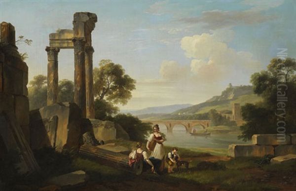 Sommerliche Fluslandschaft Mit Tempelruine Oil Painting by Marchais, Pierre Antoine