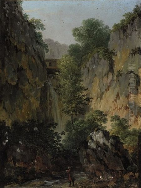 An Artist Sketching At A Waterfall Oil Painting by Marchais, Pierre Antoine