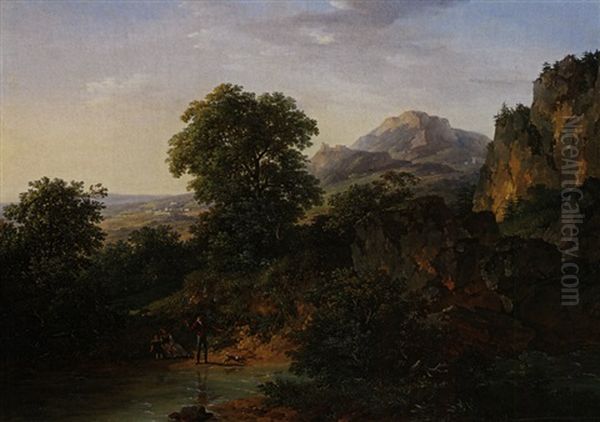 Hugelige Landschaft Mit Junger Familie Und Hund An Teich Spielend Oil Painting by Marchais, Pierre Antoine