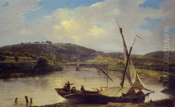 Paysage A La Riviere Avec Un Bateau Oil Painting by Marchais, Pierre Antoine
