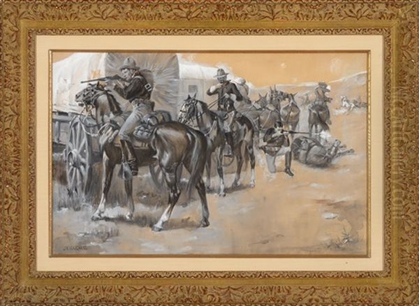Defense Of The Wagon Train [or] Fighting Them Off Oil Painting by John Norval Marchand