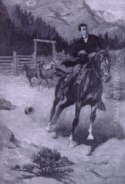 Townsman Letting Horses Out Of Their Corral, Racing Away On Horse Oil Painting by John Norval Marchand
