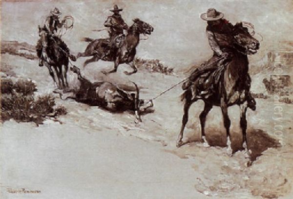 Roping A Steer Oil Painting by John Norval Marchand