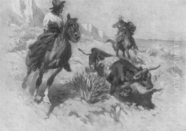 Cowboys Roping A Steer Oil Painting by John Norval Marchand