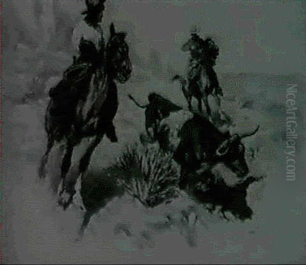Cowboys And Steers Oil Painting by John Norval Marchand