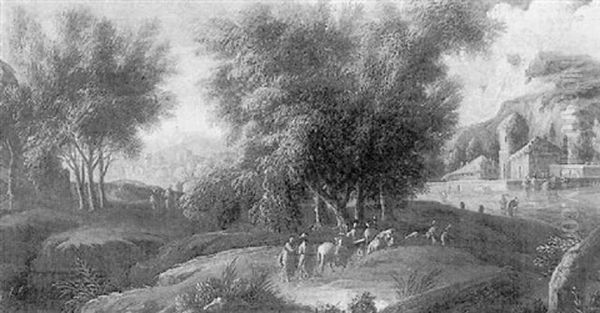 A Wooded Italianate Landscape With Travellers In The Foreground, A Town And Mountains Beyond Oil Painting by Alessio De Marchis