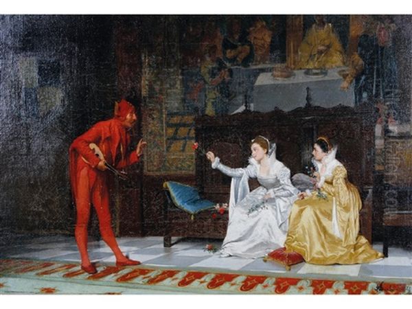 Genre Scene Of A Jester Entertaining Two Female Courtiers In An Interior Oil Painting by Andrea Marchisio