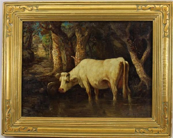 Painting Of A Cow In A River Landscape Oil Painting by Emile Van Marcke De Lumman